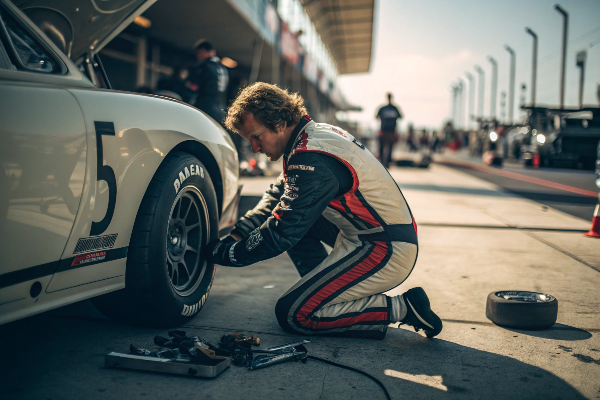 Driver examining beadlock wheels before race