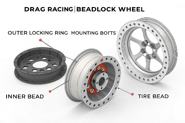 Disassembled beadlock wheel components