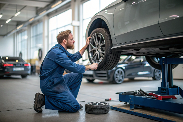 technician examining damaged wheel rim