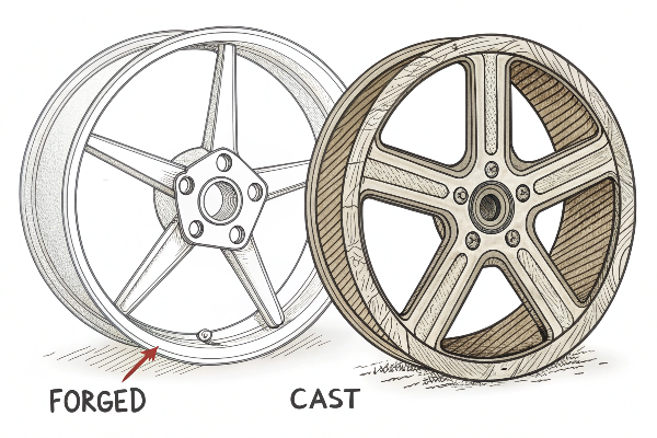 Close-up comparison of forged vs. cast wheel structures