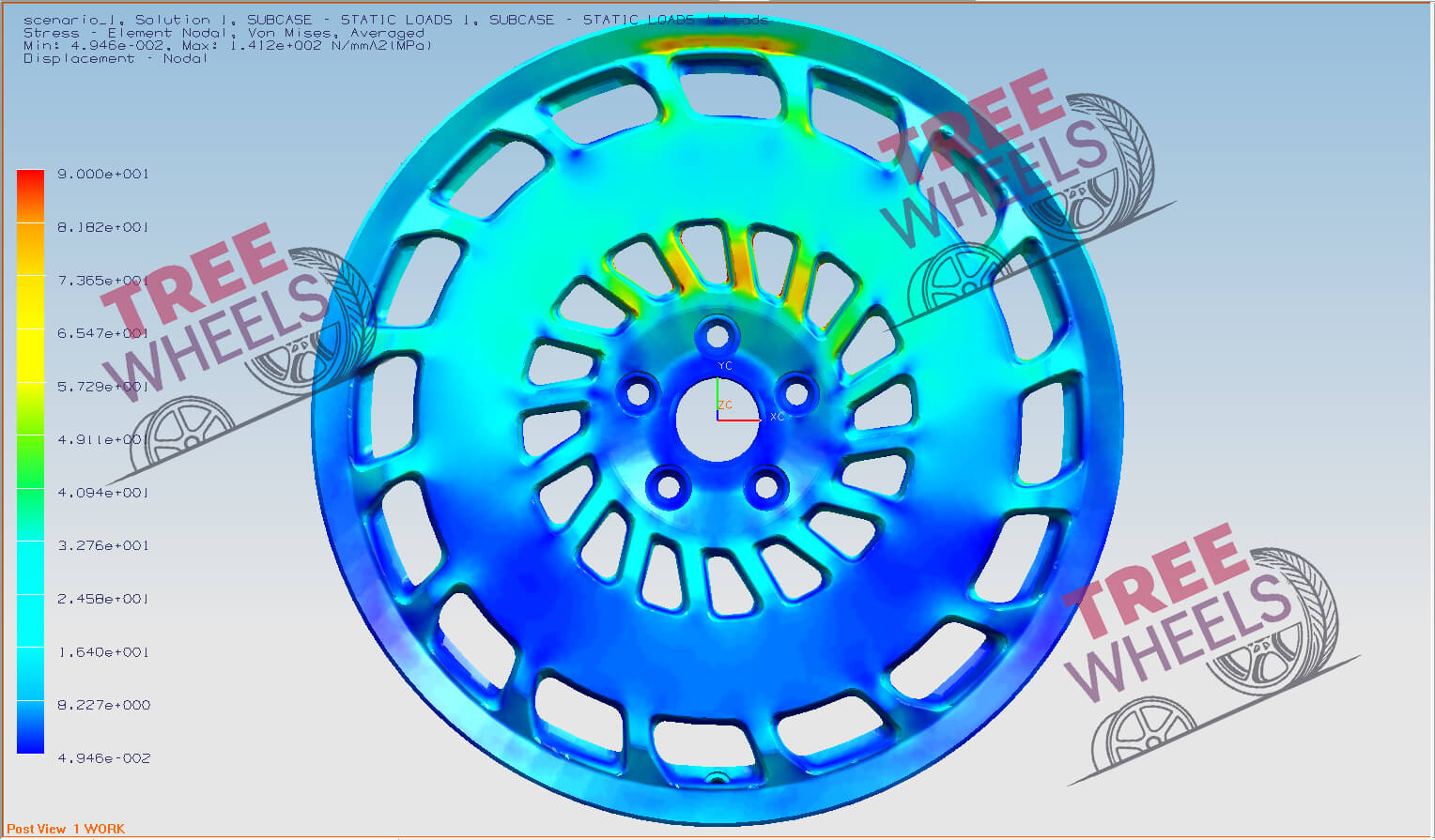 lightweight wheel with structural analysis overlay