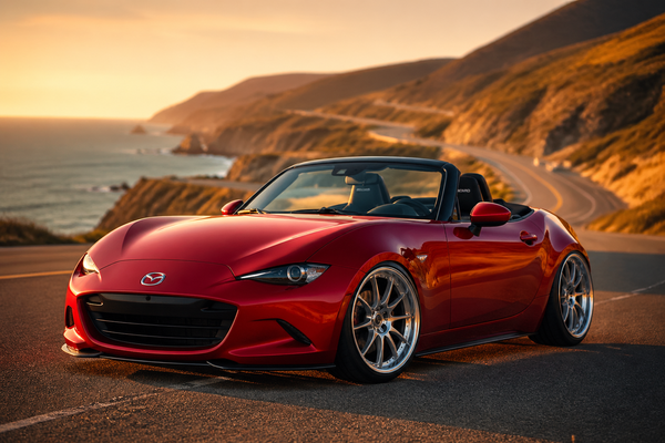 Red Mazda MX-5 Miata with custom forged wheels