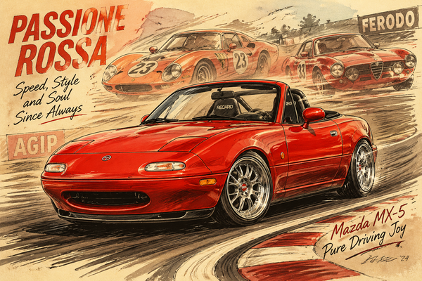 Red MX-5 Miata with silver forged wheels racing heritage