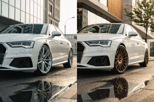 Bronze wheels on white car contrast