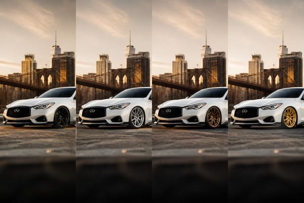 White Infiniti Q60 with different wheel color options