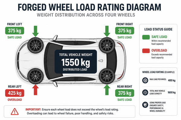 Forged wheel load rating diagram showing weight distribution across four wheels