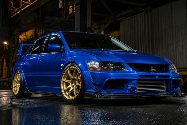 Gold forged wheels on a blue Mitsubishi Lancer Evolution