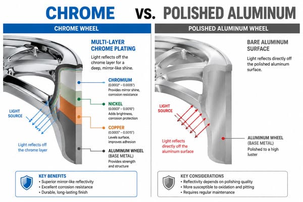 Chrome Finishing vs Polished Aluminum Wheels Chrome vs Polished Aluminum Wheels comparison