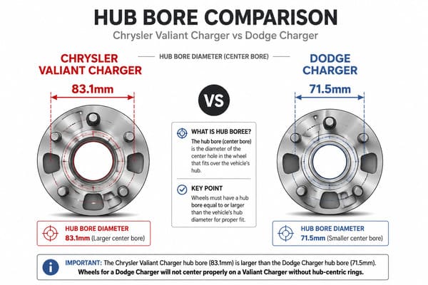 Chrysler Valiant Charger vs Dodge Charger Hub Bore Comparison Chrysler Valiant Charger hub bore 83.1mm vs Dodge Charger 71.5mm