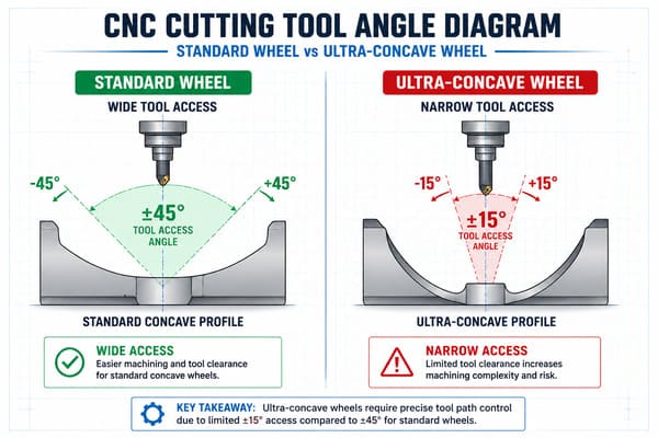 CNC Tool Access Angle for Ultra-Concave Wheels CNC machining ultra-concave wheel tool access angle