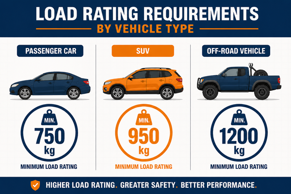 Chart comparing load rating requirements for passenger cars, SUVs, and off-road vehicles