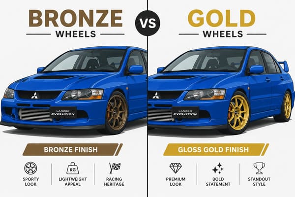 Bronze vs gold wheels on blue Mitsubishi Lancer Evolution