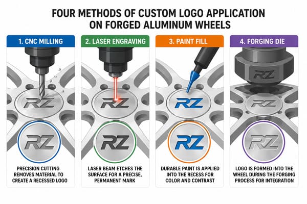 Methods for Adding Custom Logos to Forged Wheels Four methods of custom logo application on forged aluminum wheels
