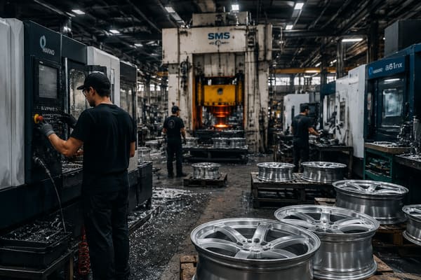 Forged wheel manufacturing stages inside factory