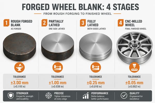 Forged wheel blank before and after CNC machining stages