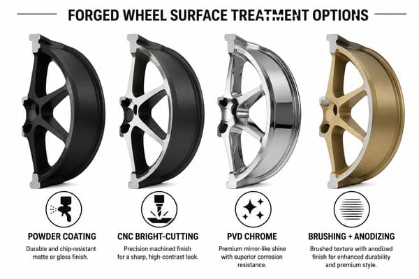 Surface treatment methods for two-tone forged wheels including powder coat and CNC machining