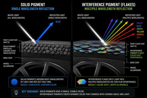 Solid Paint vs Color-Shifting Interference Pigment on Wheels Diagram comparing solid pigment vs interference pigment light behavior on wheel surface