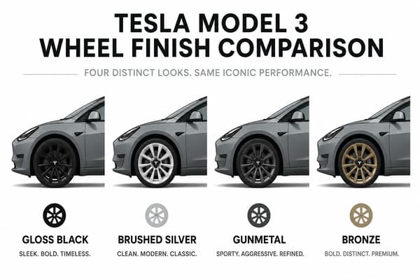 Gloss black brushed silver gunmetal bronze wheel finishes for gray Model 3 Four popular wheel finishes for gray Tesla Model 3