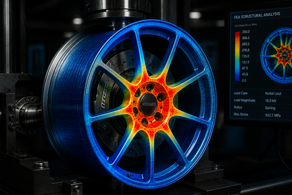 FEA structural simulation of a forged wheel under load testing conditions