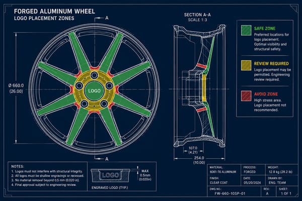 Best Logo Placement Zones on Forged Wheels Diagram showing safe and unsafe logo placement zones on a forged wheel