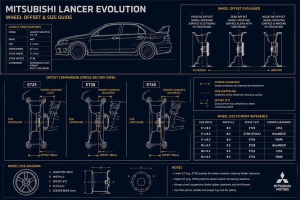 Wheel size and offset diagram for Mitsubishi Lancer Evolution