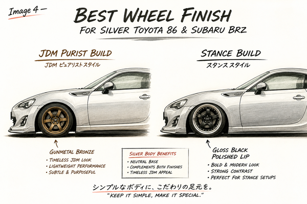 Wheel finish options for JDM and stance builds on silver 86 BRZ