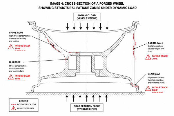 Cross-section of a forged wheel showing structural fatigue zones under dynamic load