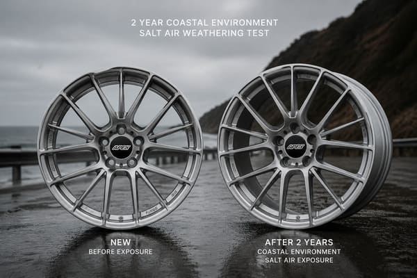 Anodizing durability on wheels in harsh conditions Anodized forged wheel after two years in coastal environment showing minimal surface wear