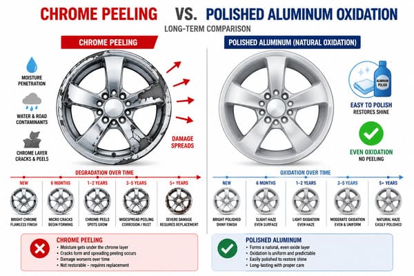 Chrome Wheel Peeling vs Polished Aluminum Oxidation Long-Term Chrome wheel peeling vs polished aluminum oxidation comparison