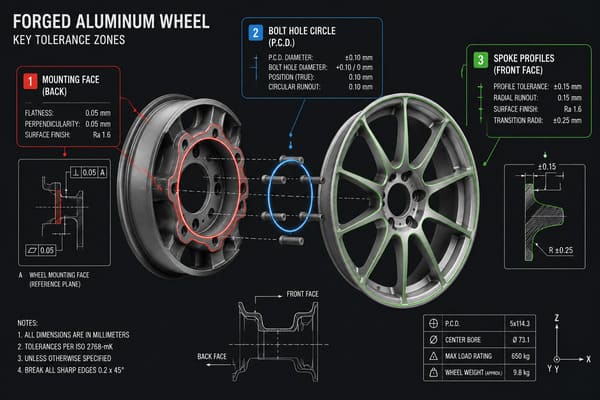 Three CNC machining zones on a forged aluminum wheel