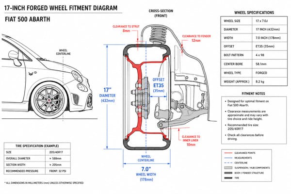 Best wheel size for Fiat 500 Abarth\ 17-inch forged wheel fitment on Fiat 500 Abarth