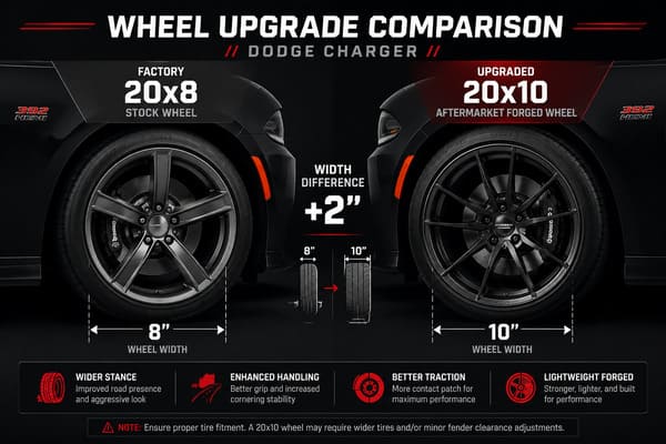 Scat Pack Charger Factory Rim Size and Upgrade Options Factory vs upgraded Scat Pack wheel sizing comparison