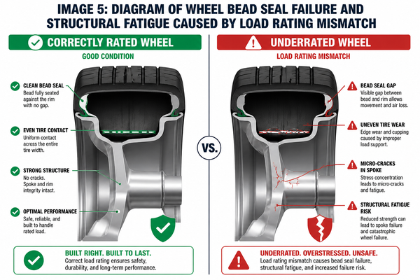 Diagram of wheel bead seal failure and structural fatigue caused by load rating mismatch