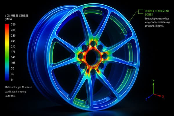 FEA Stress Map for Safe Pocket Placement in Forged Wheels FEA stress map forged wheel pocket placement engineering