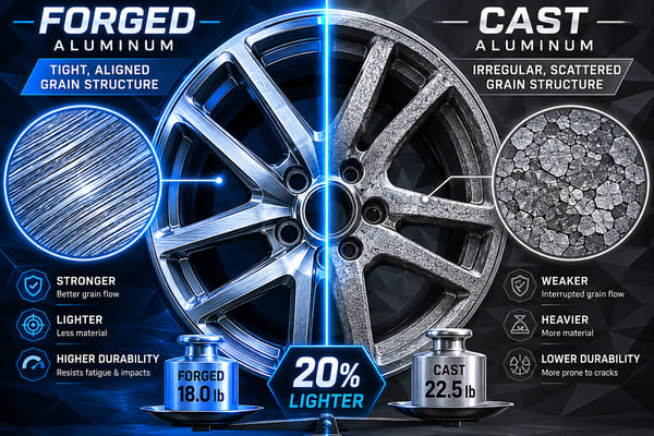 Why Forged Wheels Are Special Compared to Cast Wheels Side-by-side comparison of forged vs cast wheel grain structure and weight difference