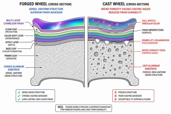 Forged vs Cast Wheel Substrate for Chameleon Finish Durability Forged vs cast wheel substrate cross-section showing porosity difference under chameleon finish
