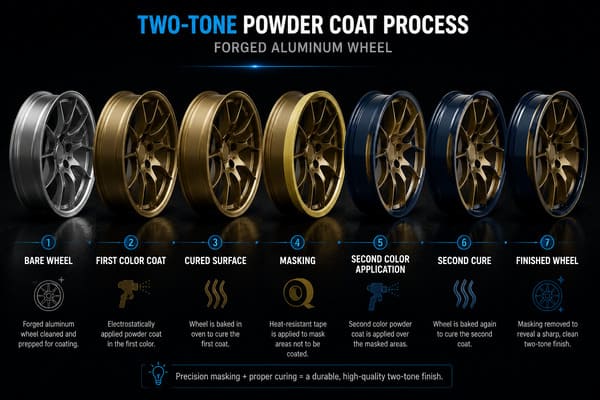 Two-tone powder coat process on forged aluminum wheels