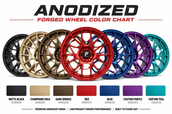 Anodizing color options for forged wheels Anodized wheel color chart showing matte black, champagne gold, bronze, and custom shades