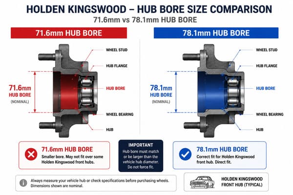 Correct Hub Bore Size for Holden Kingswood Holden Kingswood hub bore size 71.6mm vs 78.1mm comparison