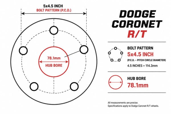 Dodge Coronet R/T Wheel Specs Bolt Pattern and Backspacing Dodge Coronet R/T wheel bolt pattern and hub bore spec diagram