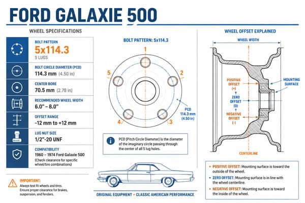 Ford Galaxie 500 Bolt Pattern and Offset Specs\ Ford Galaxie 500 bolt pattern and offset specification chart