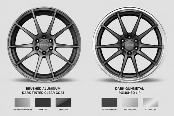Wheel Finish Options for Gray Maserati MC20\\\ Brushed aluminum and dark gunmetal forged wheels on gray Maserati MC20