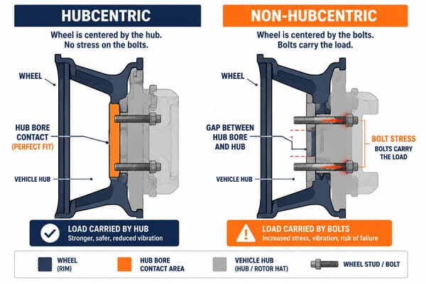 Hub Bore Hubcentric Fitment Diagram Hub bore diagram showing hubcentric vs non-hubcentric fitment