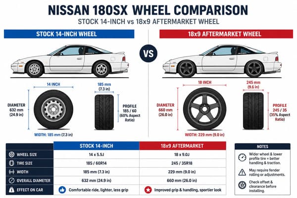 Nissan 180SX stock wheel size vs 18x9 upgrade comparison