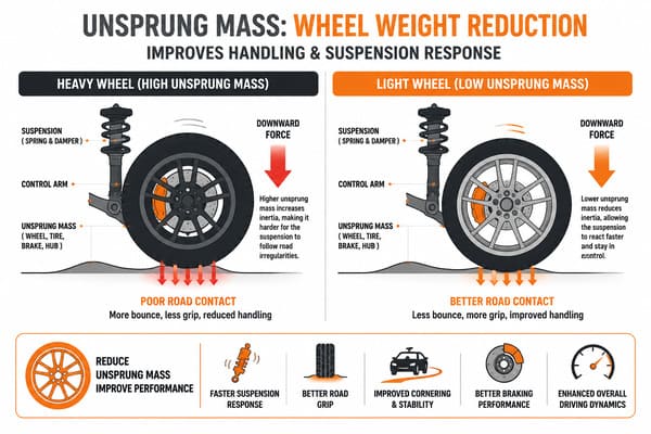 Why unsprung mass reduction in wheels improves handling and suspension response unsprung mass wheel weight reduction handling improvement