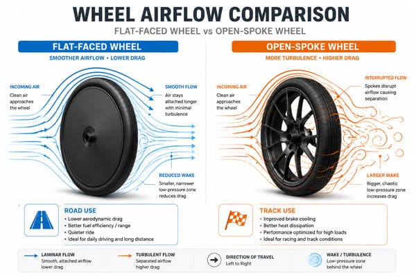 How wheel shape affects airflow around a vehicle Wheel shape and airflow diagram for road vs track use