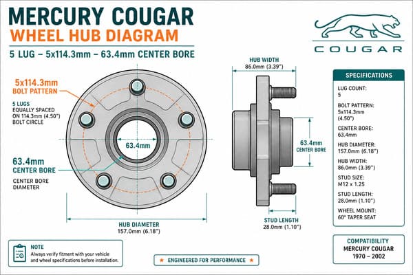 Mercury Cougar Bolt Pattern Specification Mercury Cougar bolt pattern specification 5x114.3mm center bore 63.4mm