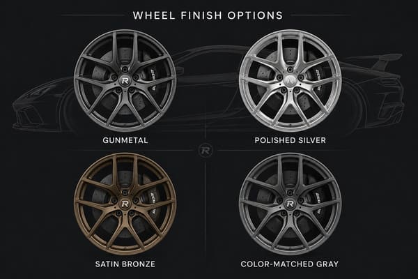 What Color Wheels Look Good on a Gray Car\\\ Four wheel color options shown on gray supercar — gunmetal, polished silver, satin bronze, color-matched gray