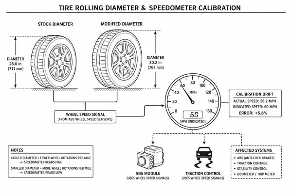 3% tire rule rolling diameter and ABS calibration explained Tire rolling diameter and speedometer calibration diagram