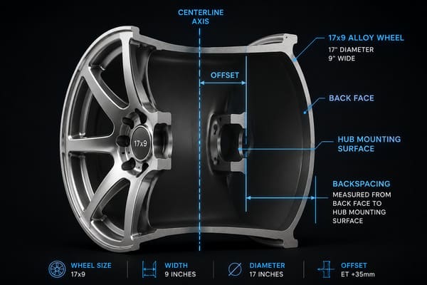 Backspacing vs Offset on 17x9 Wheels for Classic Muscle Cars Wheel offset and backspacing diagram showing centerline calculation for 17x9 wheel